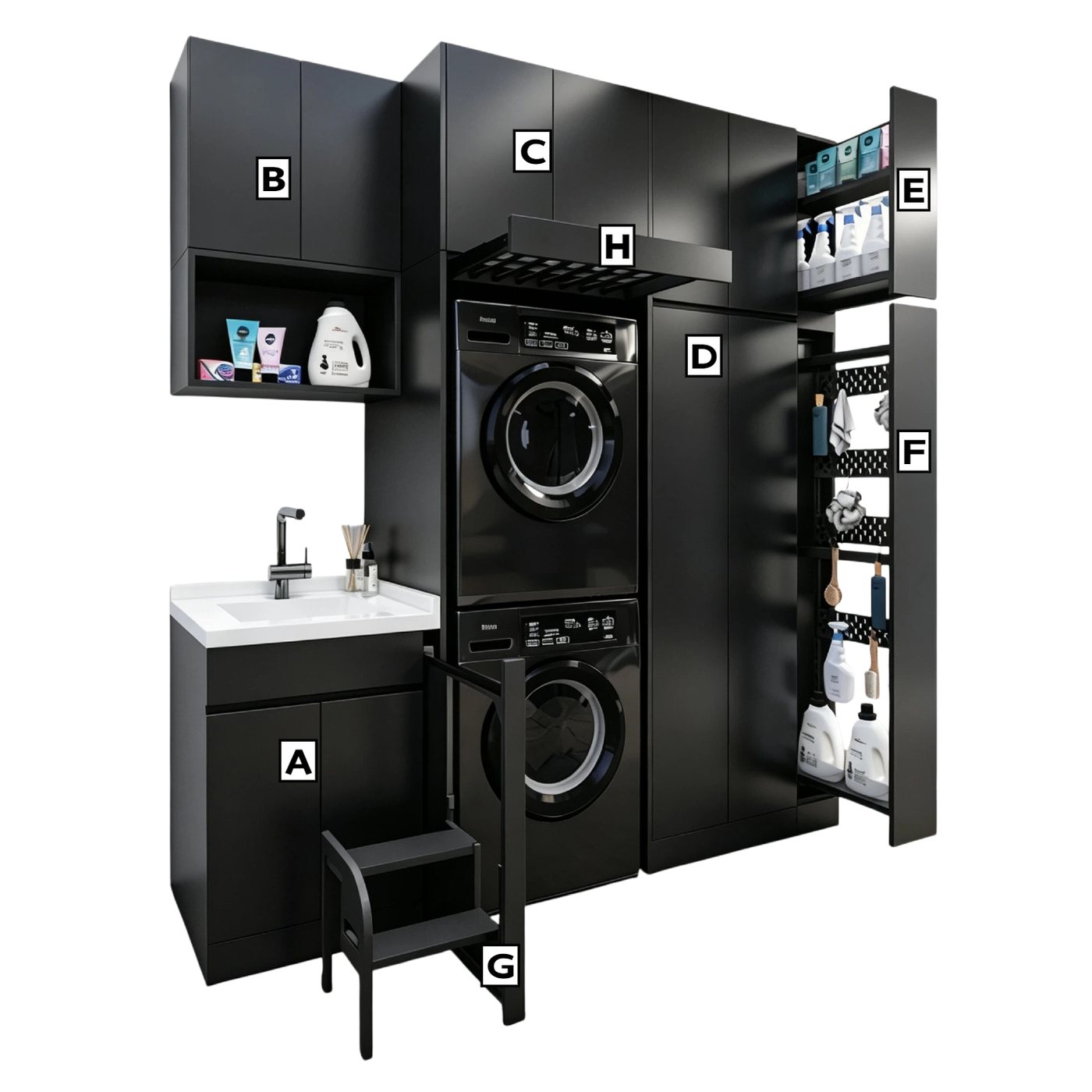 KEALTERRA laundry system modules overview — sink base, wall storage, washer-dryer tall cabinet, storage, pull-out cabinets, step stool and drying rack